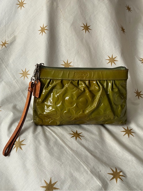 Coach Handbags - Coach Embossed Logo Patent Leather Wristlet Olive Green